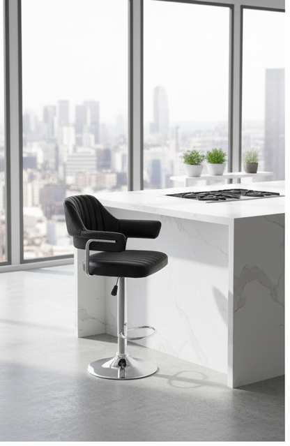 Retro Black Ribbed Executive Bar Stool with Padded Arms & Chrome Base - Image 4