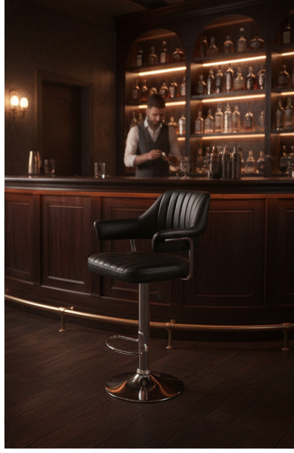 Retro Black Ribbed Executive Bar Stool with Padded Arms & Chrome Base - Image 3