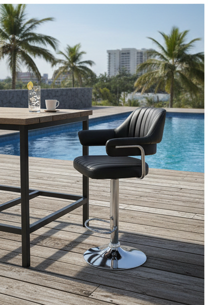 Retro Black Ribbed Executive Bar Stool with Padded Arms & Chrome Base - Image 2