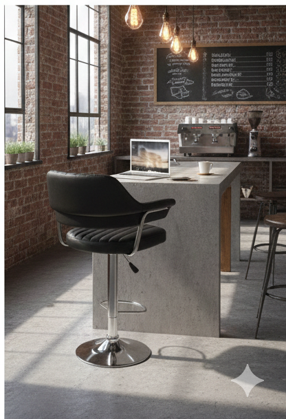 Retro Black Ribbed Executive Bar Stool with Padded Arms & Chrome Base - Image 6
