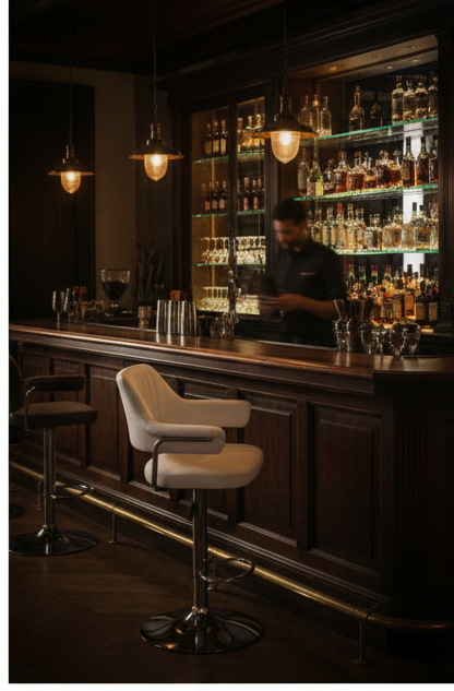 Retro Black Ribbed Executive Bar Stool with Padded Arms & Chrome Base - Image 11