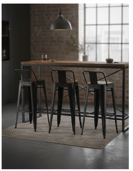 Industrial Matte Black Metal Bar Stool with Solid Wood Seat & Backrest - Image 2