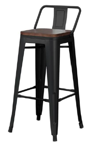 Industrial Matte Black Metal Bar Stool with Solid Wood Seat & Backrest